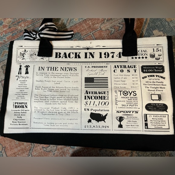 NWT “1974 Vintage, Back in 1974” Large Canvas Tote Bag Black & White Bow Detail - Picture 3 of 13